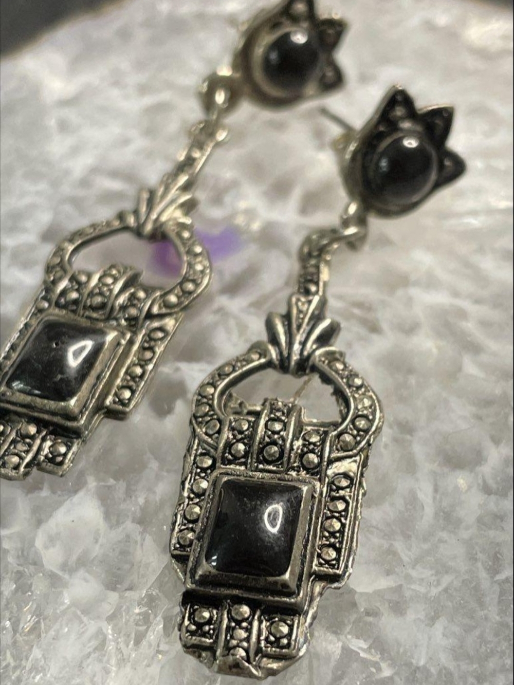 Vintage Art Deco Style Geometric Drop Earrings | Black Onyx & Marcasite Accents